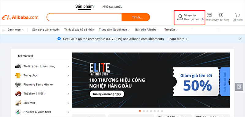 Vào trang bán hàng alibaba để đăng ký tài khoản