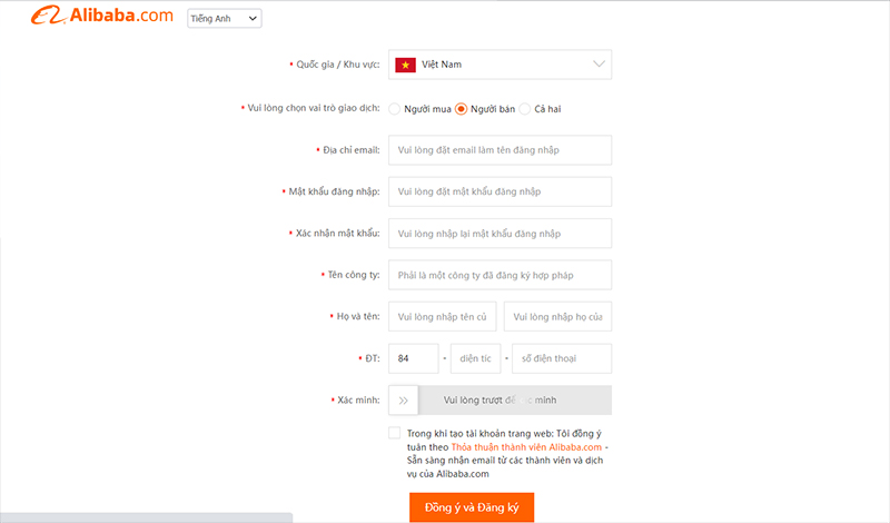  Điền thông tin của bạn để đăng ký tài khoản bán hàng trên Alibaba