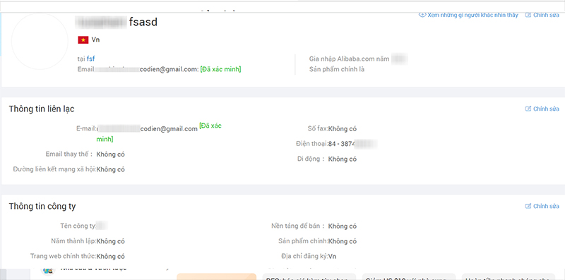 Thông tin của công ty trên Alibaba