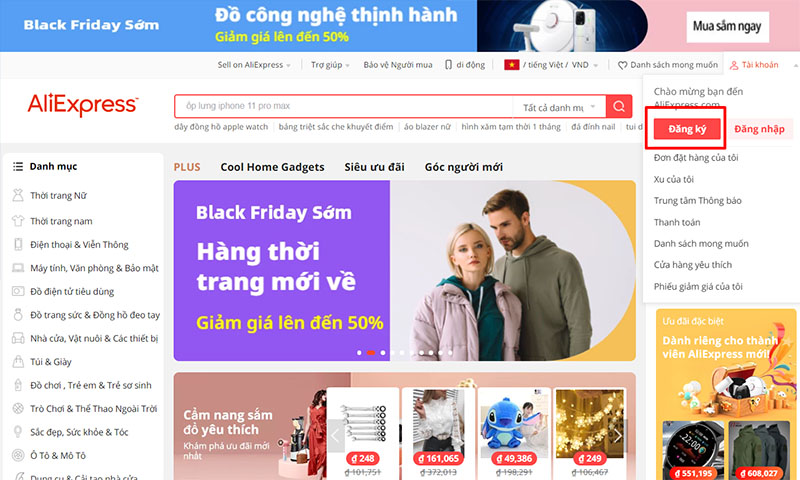  Tạo tài khoản Aliexpress trên giao diện