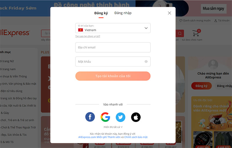  Điền đầy đủ thông tin đăng ký tạo tài khoản trên Aliexpress