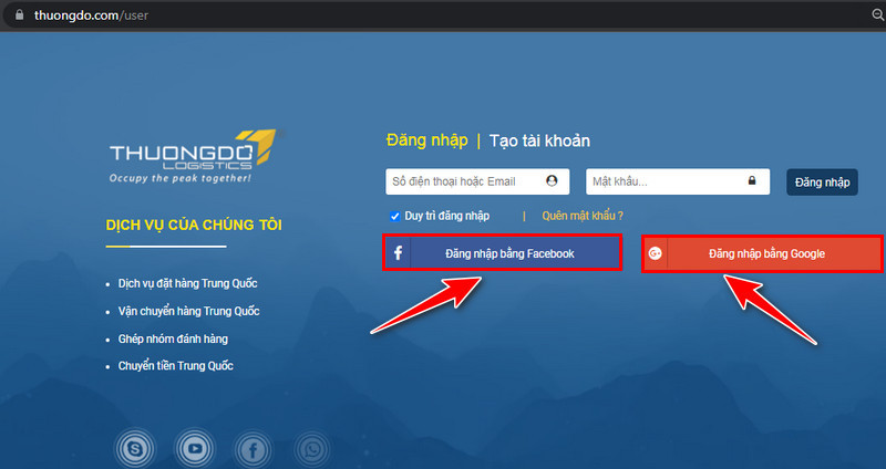 Đăng nhập tài khoản trên Thương Đô bằng Google hoặc Facebook