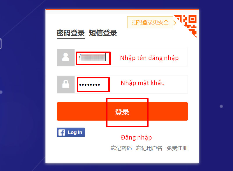  Điền thông tin tài khoản vừa đăng ký để đăng nhập vào hệ thống của Taobao