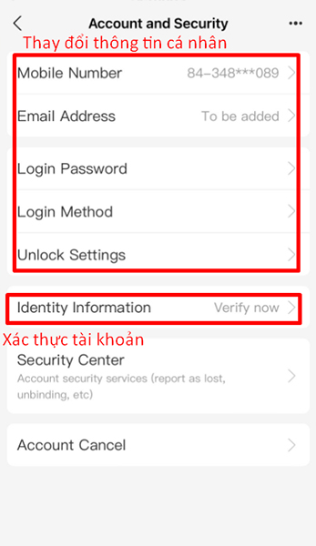  Bấm vào “Identity Information” để xác thực tài khoản