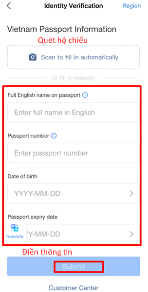  Quét hộ chiếu và điền thông tin để xác thực tài khoản
