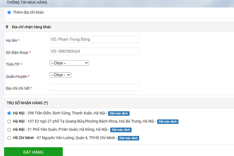  Nhập địa chỉ nhận hàng và chọn "Đặt hàng" để hoàn tất