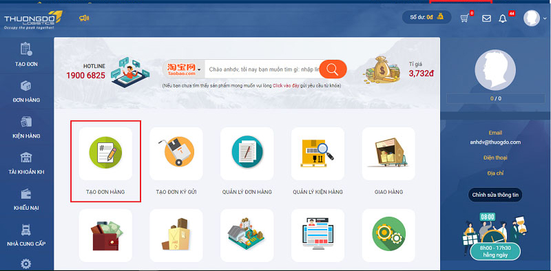  Chọn mục "Tạo đơn hàng" để tạo đơn
