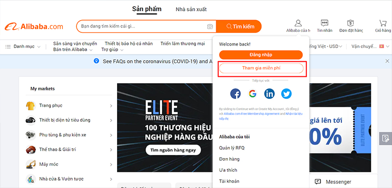  Chọn Join Free hoặc Tham gia miễn phí để tiến hành đăng ký tài khoản Alibaba