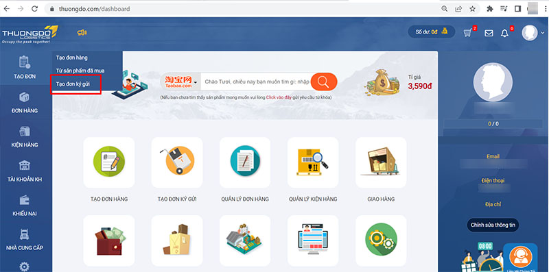  Click và nút tạo đơn ký gửi để bắt đầu tạo đơn hàng