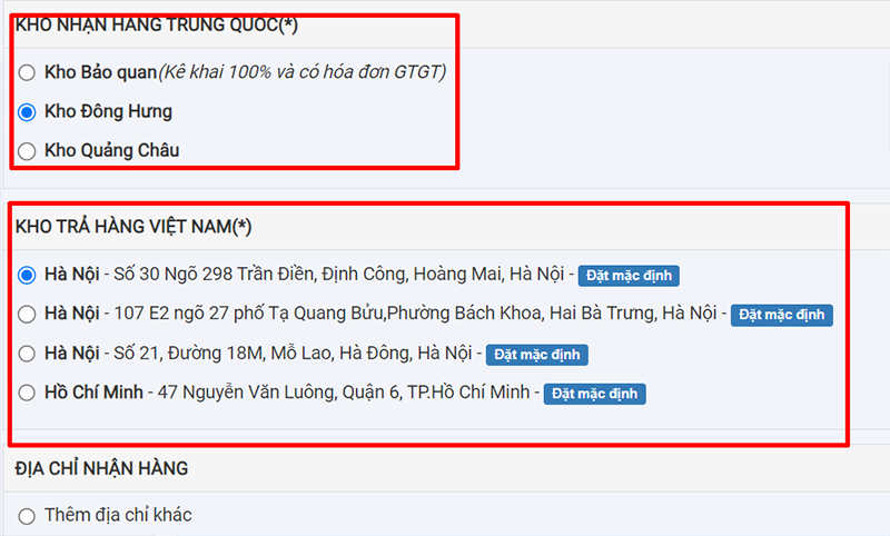  Lựa chọn kho nhận hàng, địa chỉ nhận hàng tại Việt Nam
