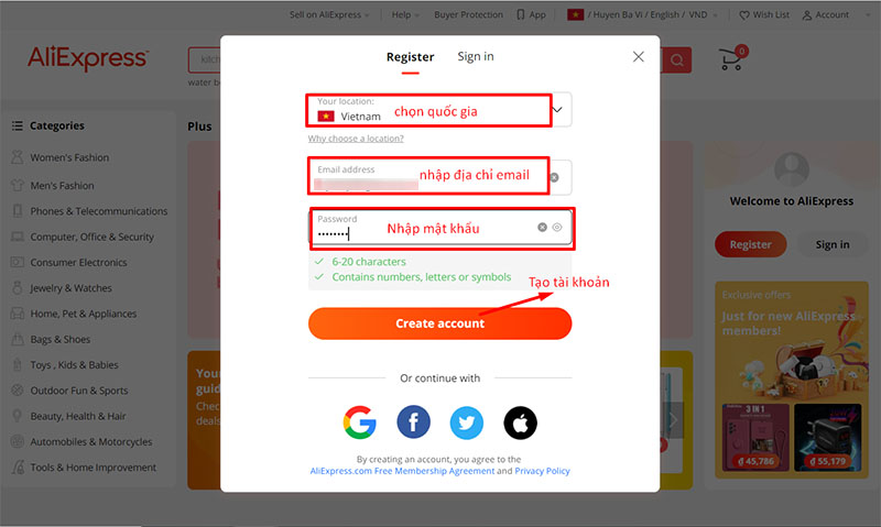  Nhập email, mật khẩu đăng ký tài khoản aliexpress
