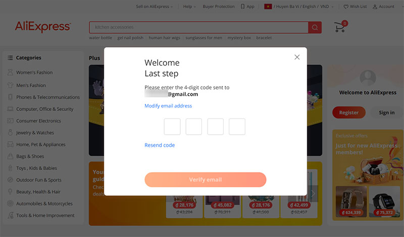  Nhập mã xác minh hoàn tất quá trình đăng ký tài khoản Aliexpress