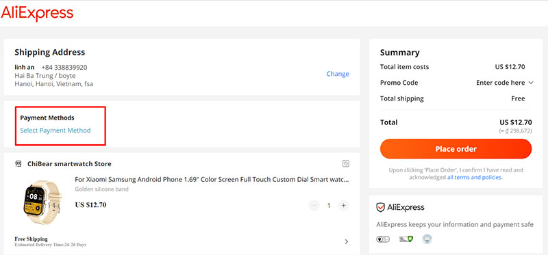  Lựa chọn hình thức thanh toán đơn mua hàng trên Aliexpress