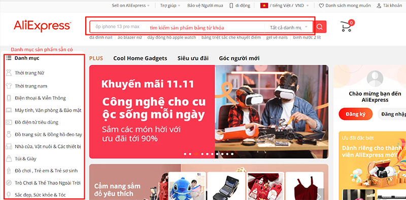  Tìm kiếm sản phẩm muốn mua trên Aliexpress