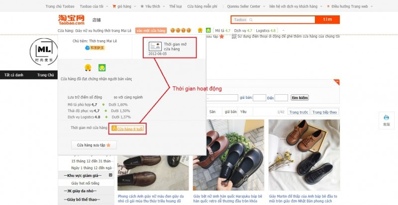 Năm hoạt động của shop trên Taobao