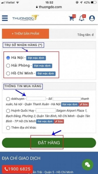  Chọn địa điểm nhận hàng và các dịch vụ kèm theo (không bắt buộc)