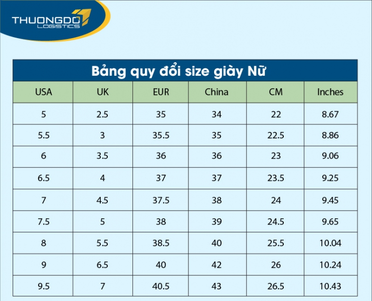  Bảng size giày Trung Quốc dành cho nữ