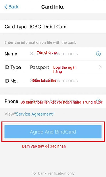  Điền thông tin như hình và bấm “Agree And Bind Card”