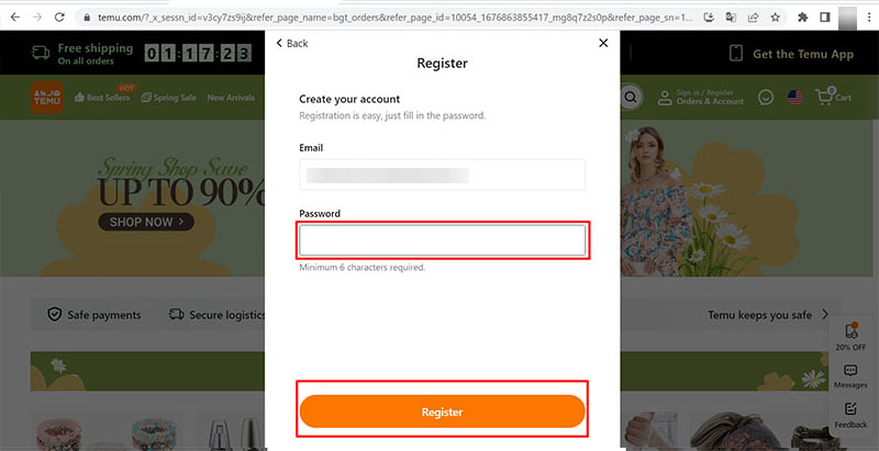  Nhập mật khẩu và bấm “Register” để hoàn thiện đăng ký