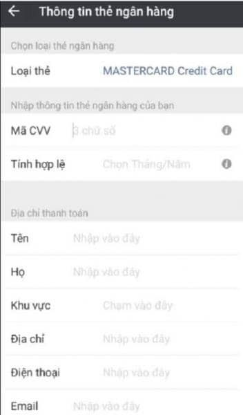 Nhập thông tin thẻ ngân hàng