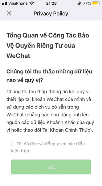  Bấm đồng ý với cách điều khoản của Wechat