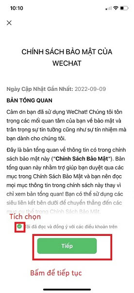  Bấm đồng ý với các điều khoản của Wechat