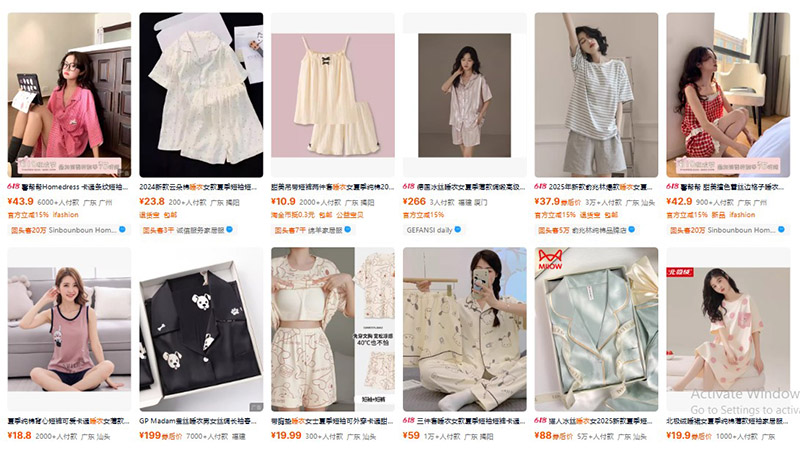 Đồ ngủ trên Taobao có mẫu mã và kiểu dáng phong phú