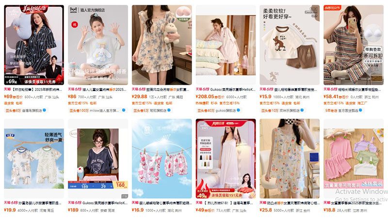 Trên Tmall, đồ ngủ được cung cấp bởi nhiều thương hiệu lớn