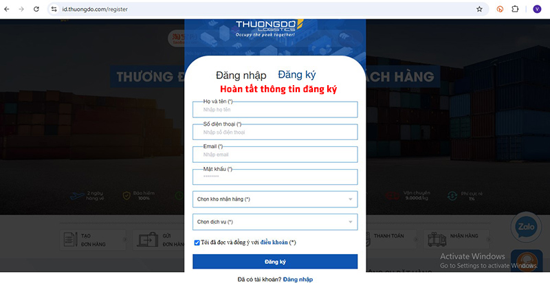 Điền đầy đủ các thông tin đăng ký tài khoản
