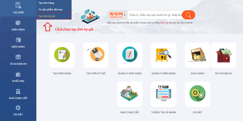 Click và nút tạo đơn ký gửi để bắt đầu tạo đơn hàng