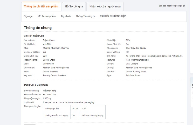 Thông tin chung của sản phẩm muốn mua