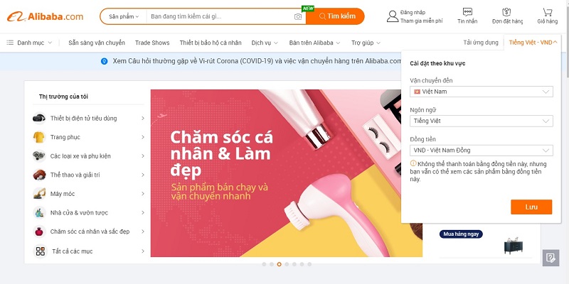 Người dùng nên chọn ngôn ngữ tiếng Việt khi tìm kiếm nguồn hàng trên Alibaba