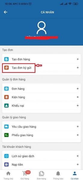 Chọn mục tạo đơn hàng ký gửi như hình