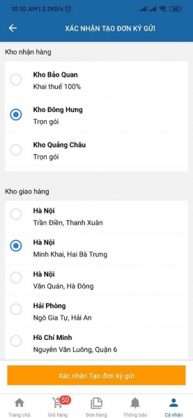 Chọn kho nhận hàng và địa chỉ nhận hàng tại Việt Nam