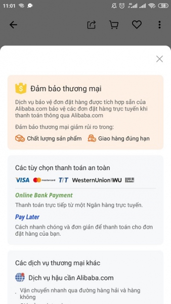 Tiến hành thanh toán đơn mua hàng trên app Alibaba