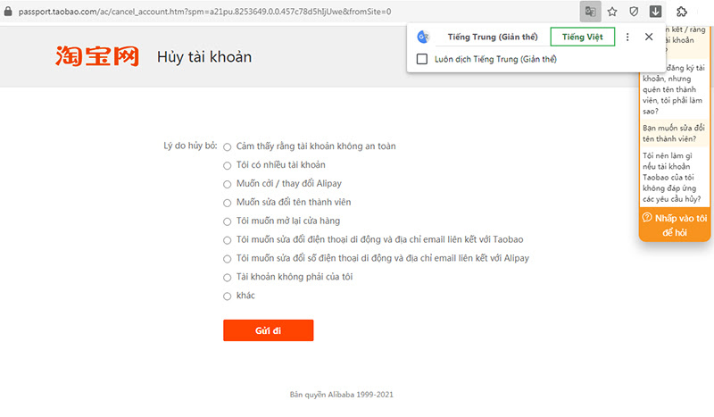 Chọn lý do muốn hủy tài khoản Taobao