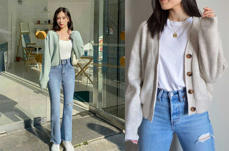 Áo cardigan kết hợp áo thun cùng quần jean