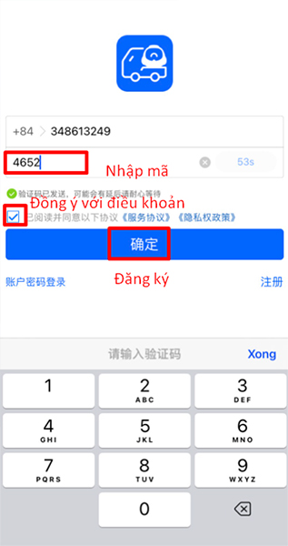 Nhập mã số, đồng ý với điều khoản và bấm vào ô đăng ký