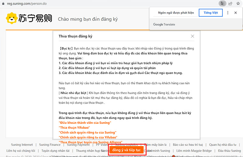 Bấm đồng ý với điều khoản