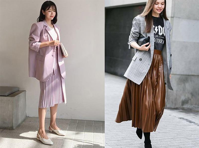 Chân váy mix với áo blazer