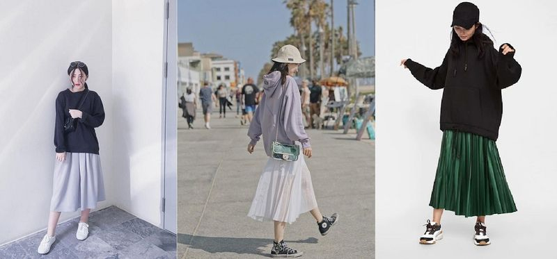 Chân váy dài mặc với áo hoodie