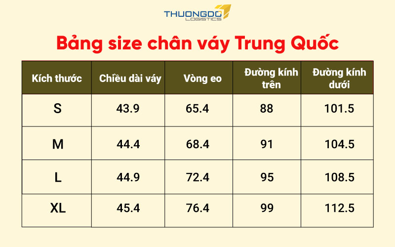 Bảng dịch size chân váy Quảng Châu sang tiếng Việt