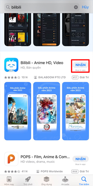 Bấm “Nhận” để tải app Bilibili về máy
