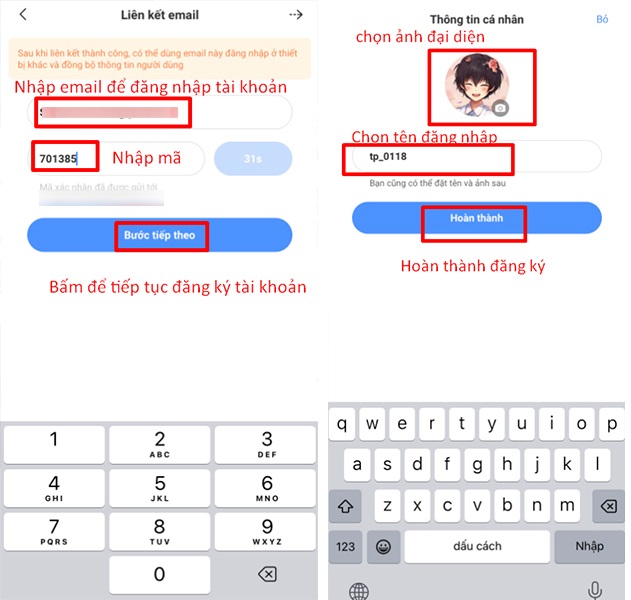 Nhập email, mã xác nhận sau đó thay đổi thông tin là hoàn tất đăng ký