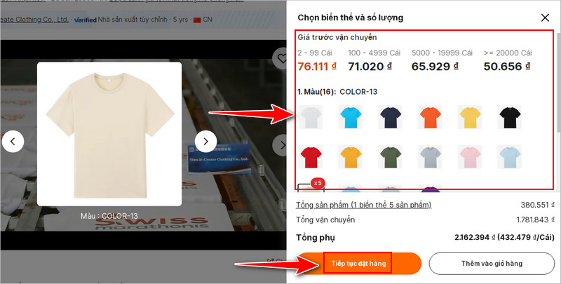 Chọn biến thể và click Tiếp tục đặt hàng