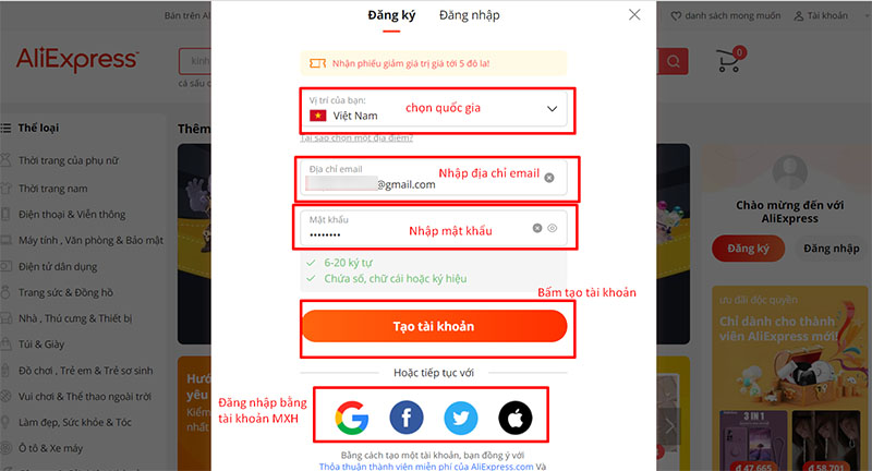 Điền địa chỉ email, mật khẩu và bấm vào tạo tài khoản