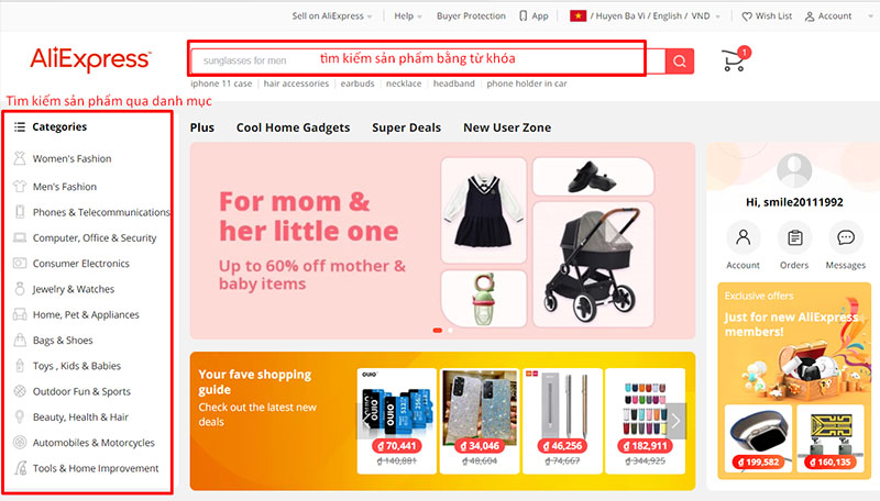 Tìm kiếm sản phẩm cần mua trên Aliexpress