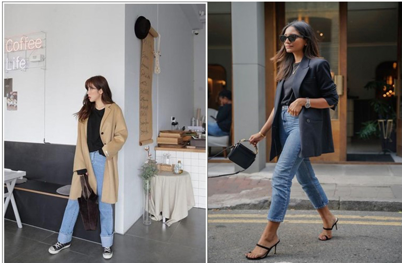  Áo khoác dạ kết hợp với áo thun đen và quần jeans