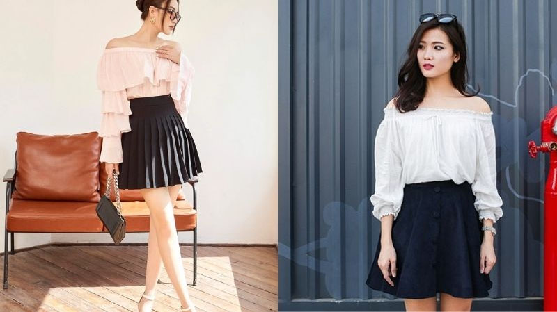 Áo sơ mi trễ vai và chân váy xòe đen