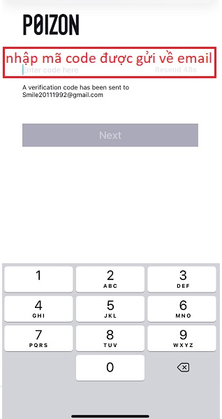Nhập mã code được gửi về email